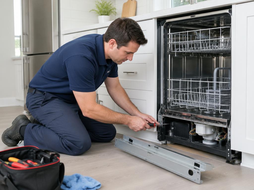 Illustrative technician performing dishwasher repair