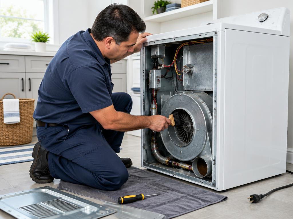 Illustrative technician performing dryer repair
