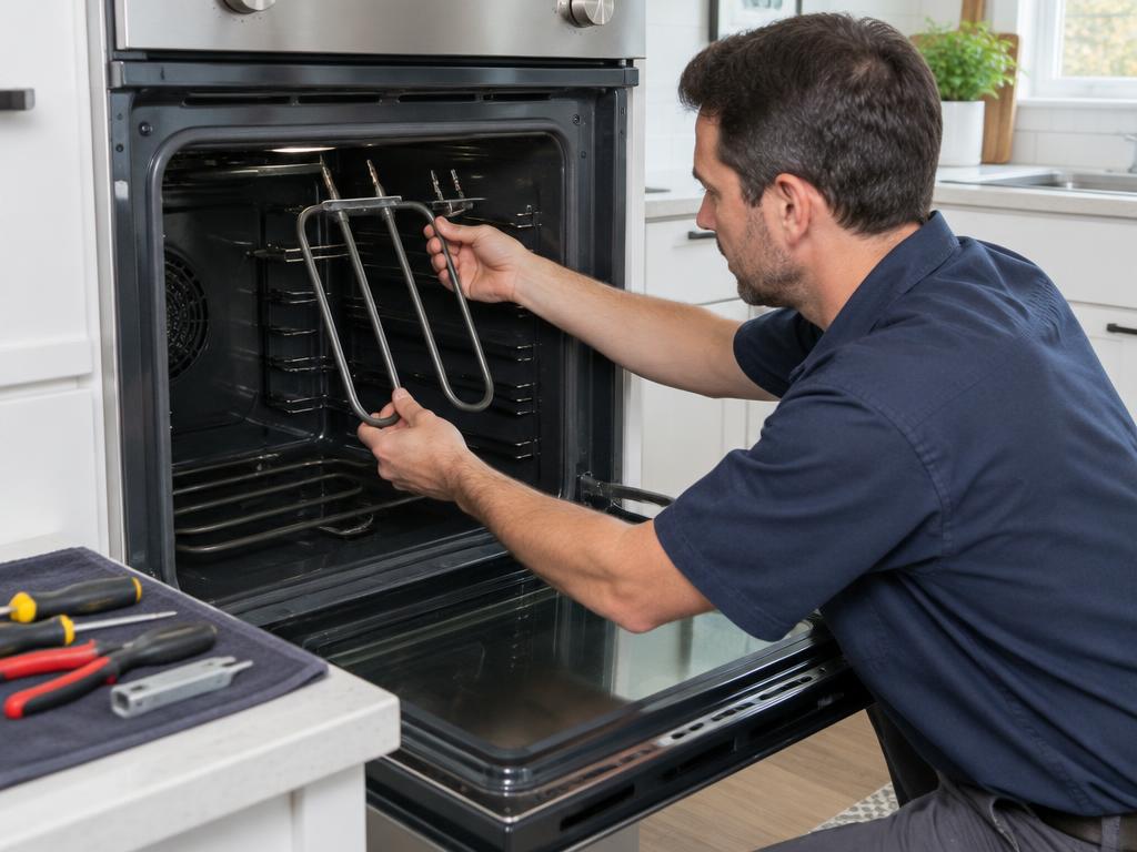 Illustrative technician performing oven repair