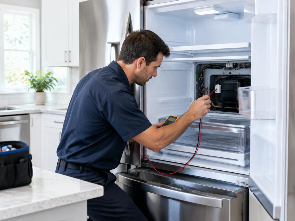 Illustrative technician performing refrigerator repair
