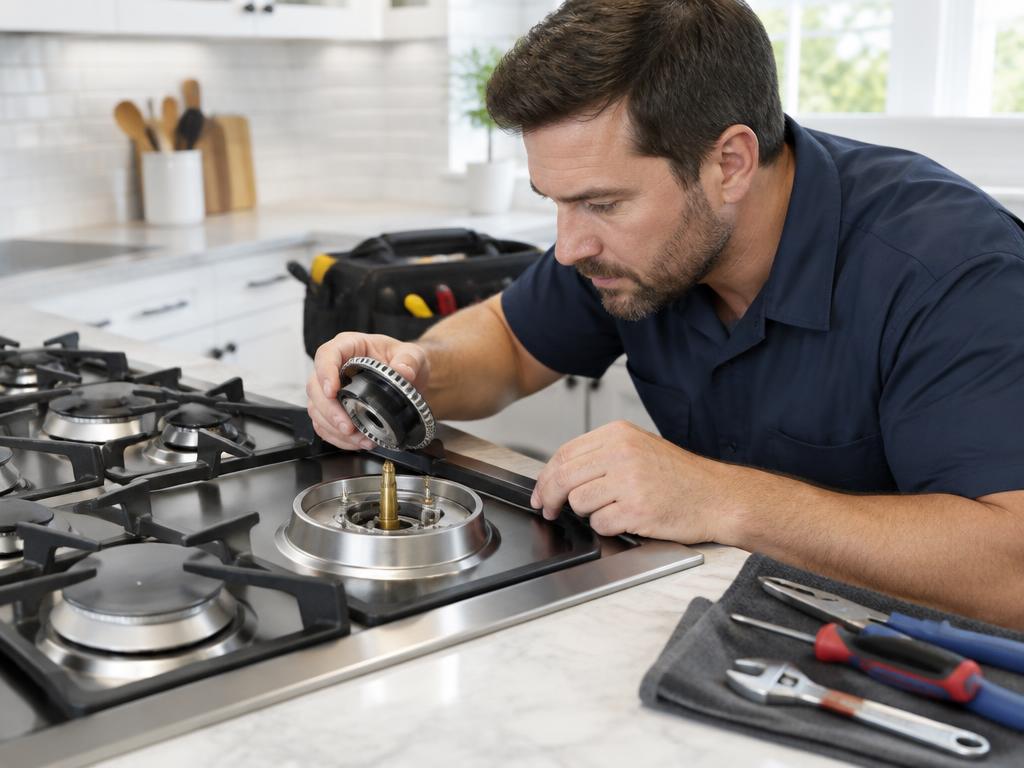 Illustrative technician performing stove repair