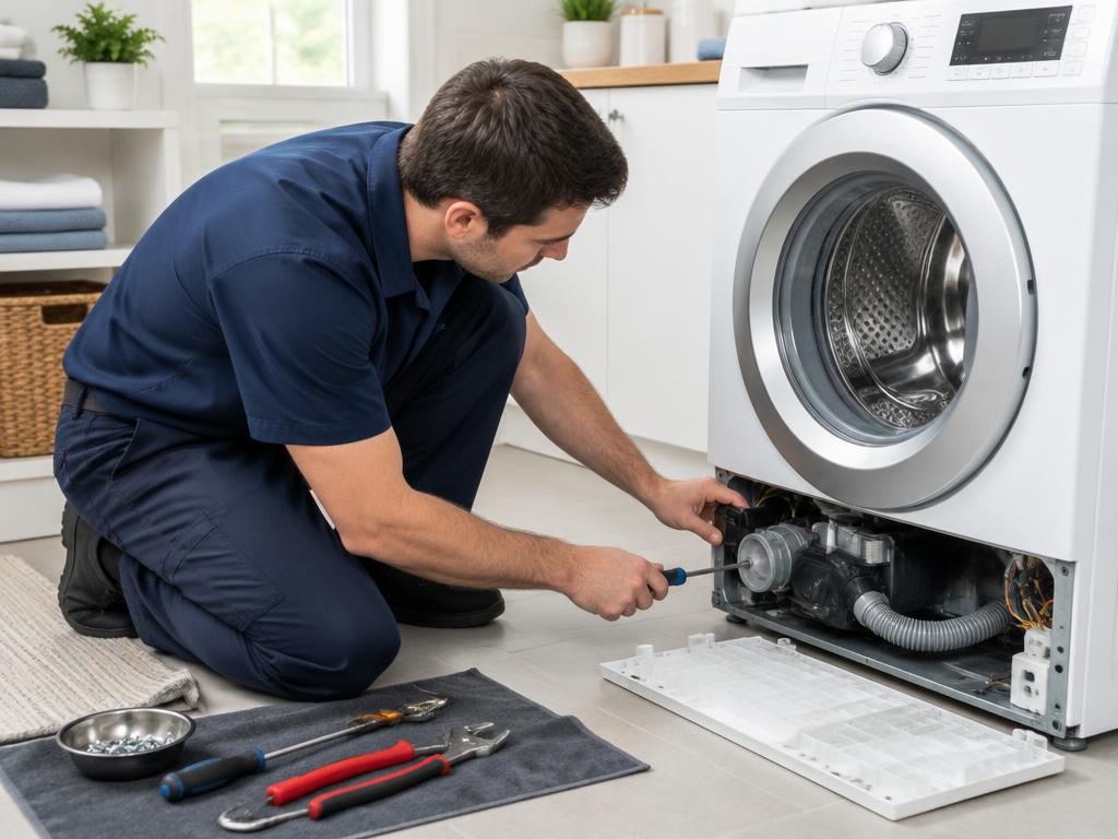 Illustrative technician performing washer repair
